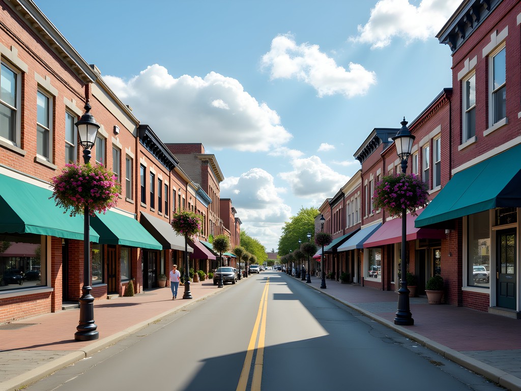 Historic Main Street in downtown Sumter with restored buildings and spring decorations