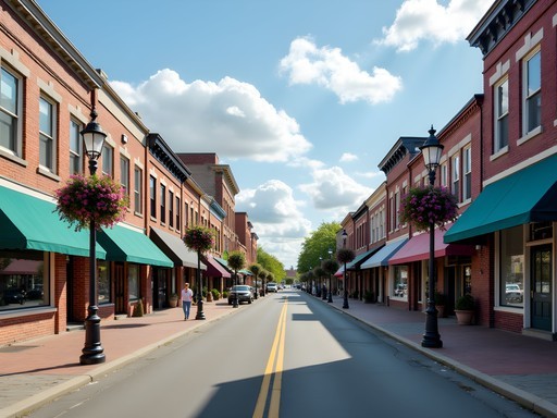Historic Main Street in downtown Sumter with restored buildings and spring decorations