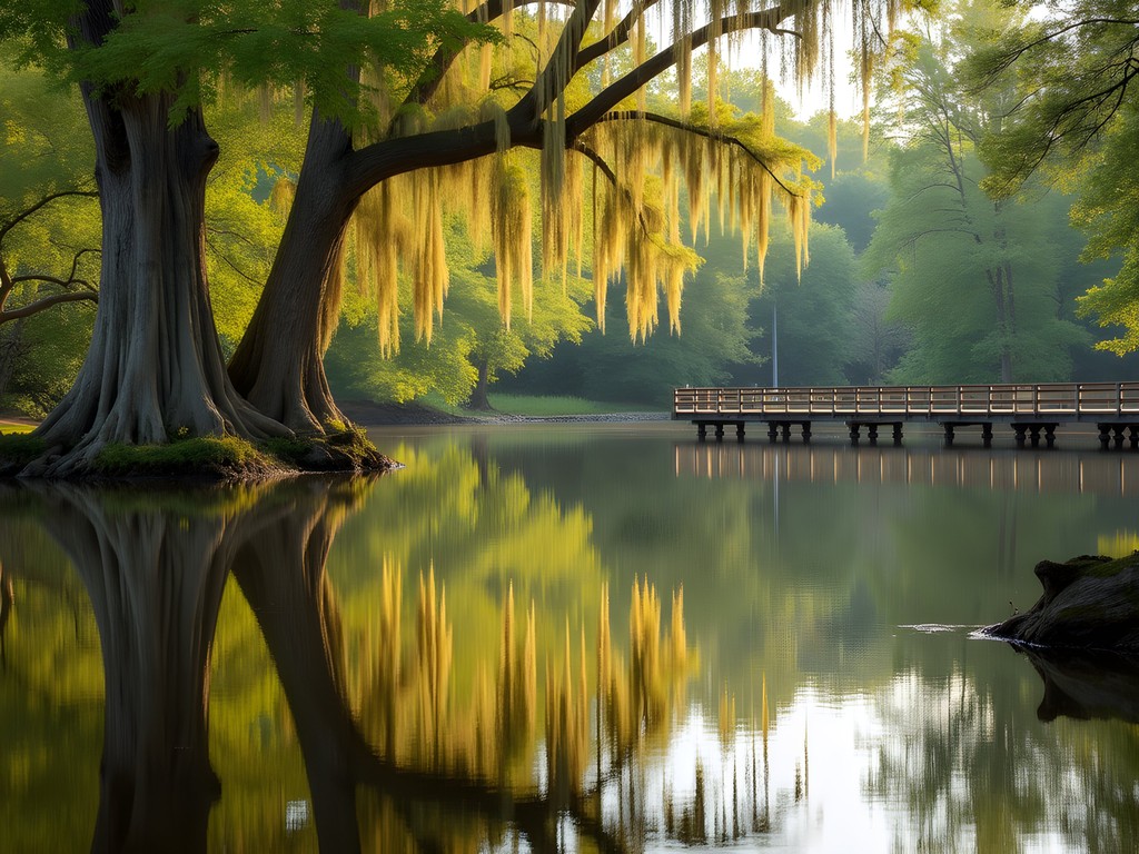 Serene lake at Poinsett State Park with cypress trees and spring foliage reflections