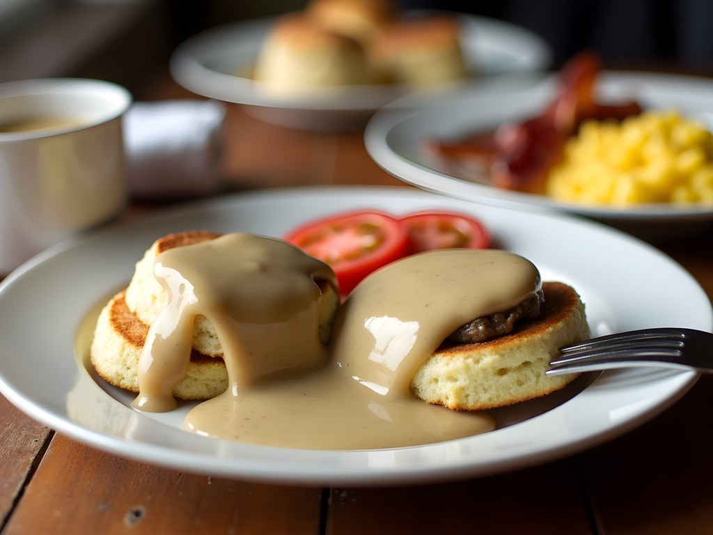 Traditional Southern breakfast with biscuits, gravy and cheese grits at Baker's Sweets Bistro