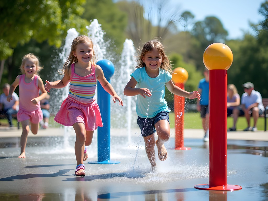 Children playing at the free splash pad water feature in Palmetto Park, Sumter