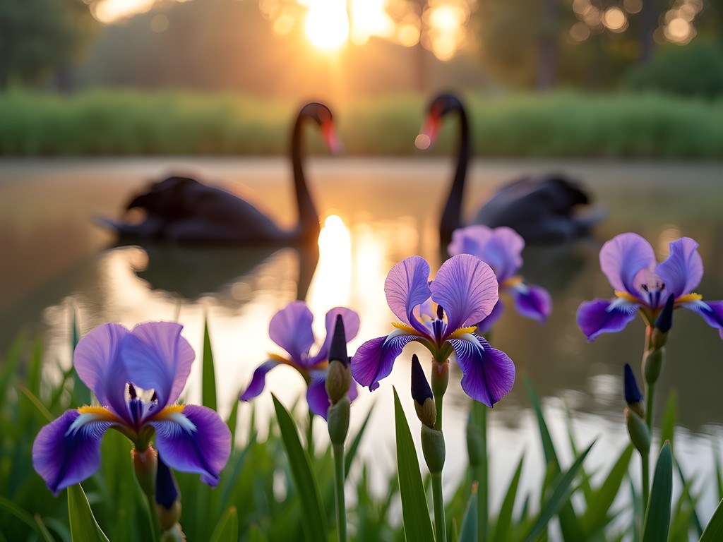Colorful iris flowers blooming around Swan Lake with swans gliding across water