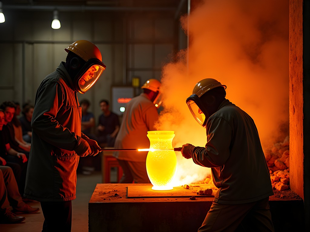 Glass blowing demonstration at Tacoma Museum of Glass hot shop with artists creating colorful glass art