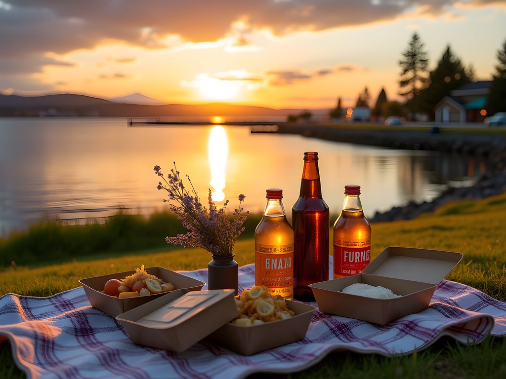 Scenic picnic dinner at Ruston Way waterfront park with Mount Rainier view at sunset in Tacoma