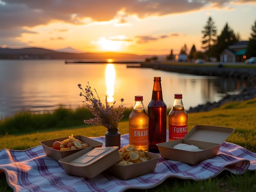 Scenic picnic dinner at Ruston Way waterfront park with Mount Rainier view at sunset in Tacoma