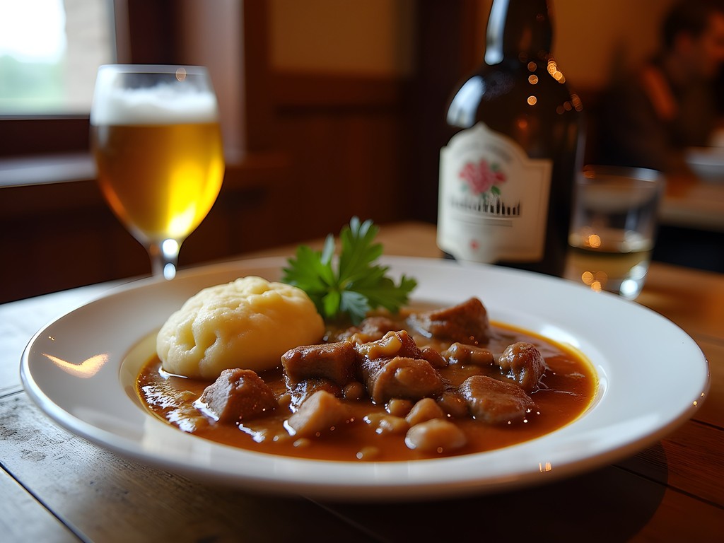 Traditional Czech meal with beer in a rustic restaurant in Telc