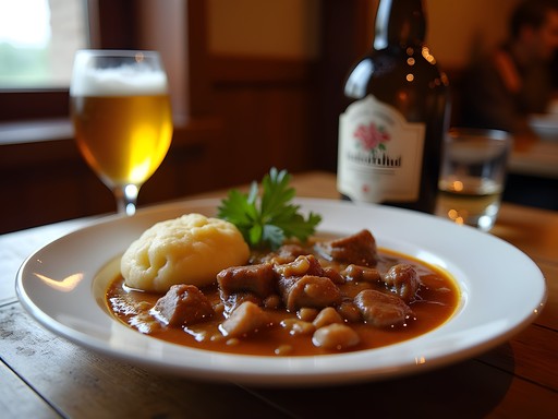 Traditional Czech meal with beer in a rustic restaurant in Telc