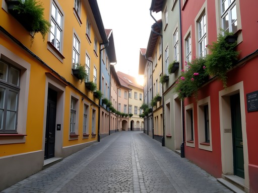 Narrow cobblestone streets of Telc with colorful buildings in morning light
