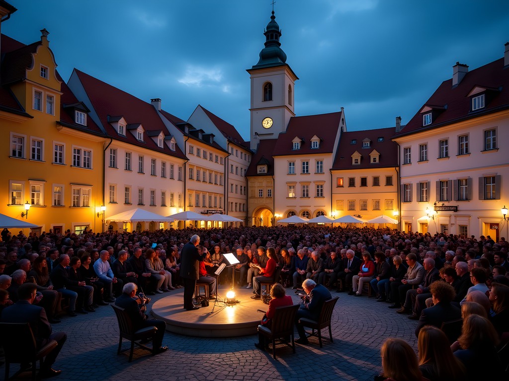 Evening concert in Telc town square with Renaissance buildings illuminated in background