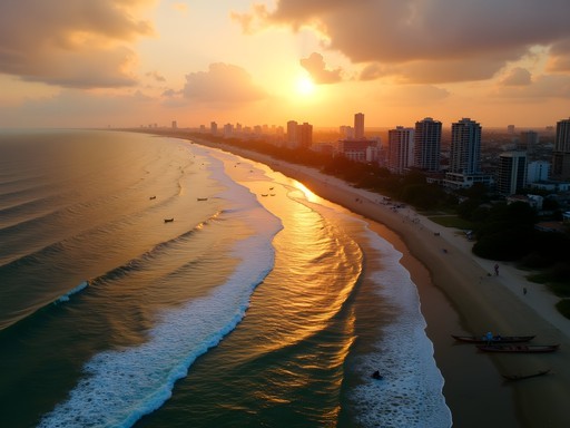 Aerial drone view of Dar es Salaam coastline at sunset