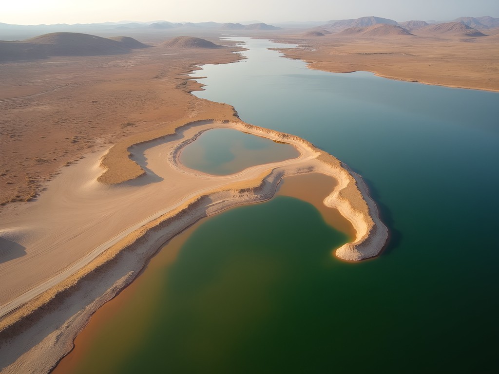 Aerial drone view of Lake Chad's receding shoreline
