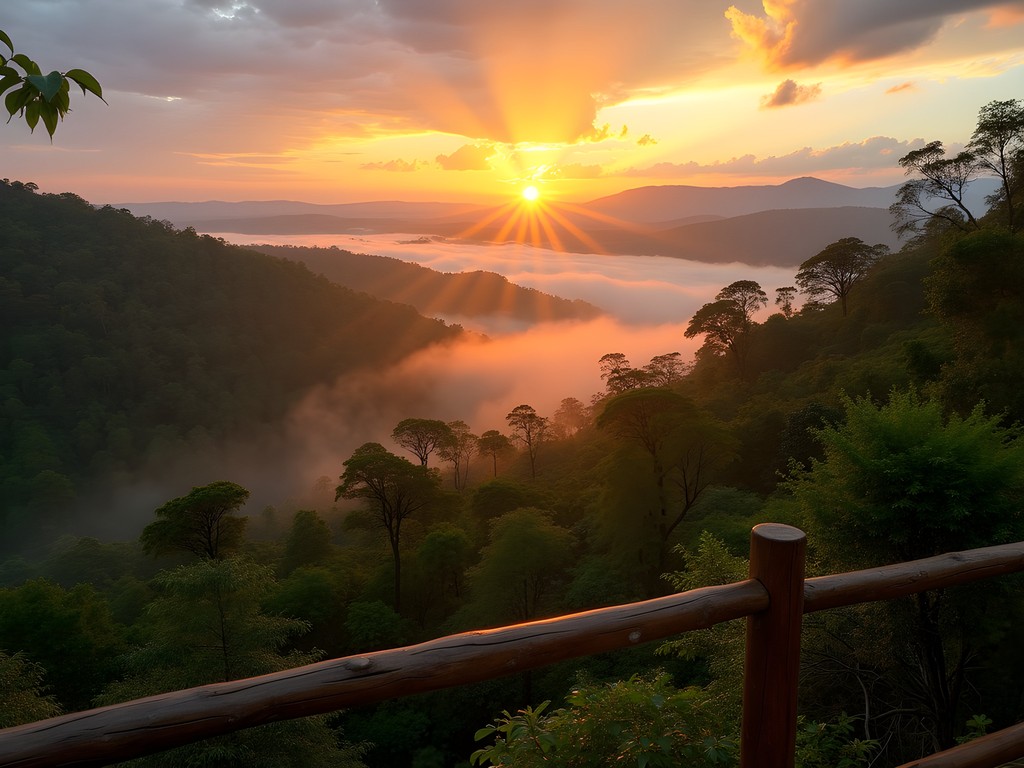 Sunrise view from community ecolodge overlooking Rwandan forest