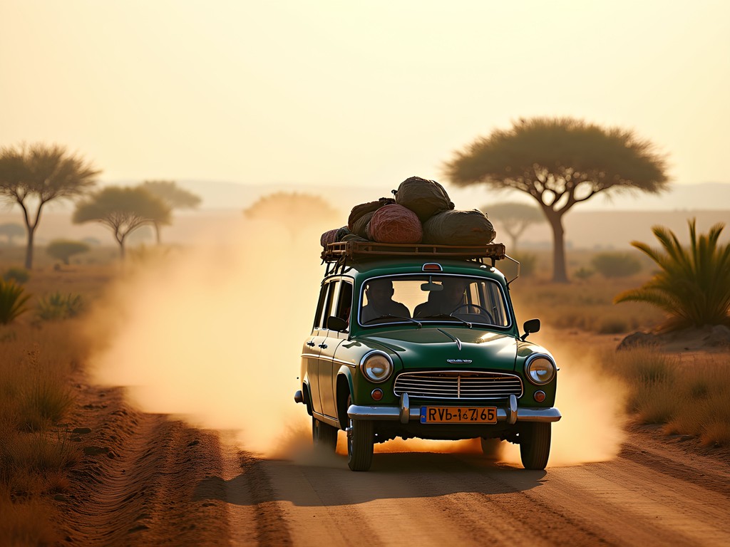 Crowded shared taxi traveling through the Sahel landscape