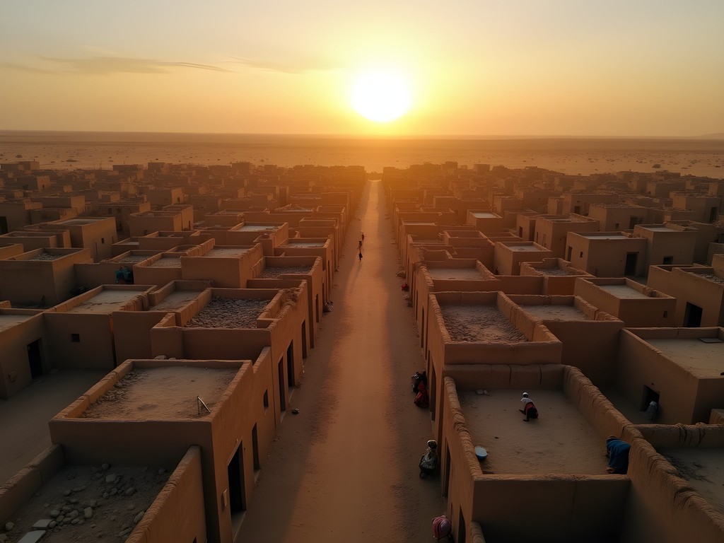 Aerial drone view of Timbuktu's ancient buildings at sunrise