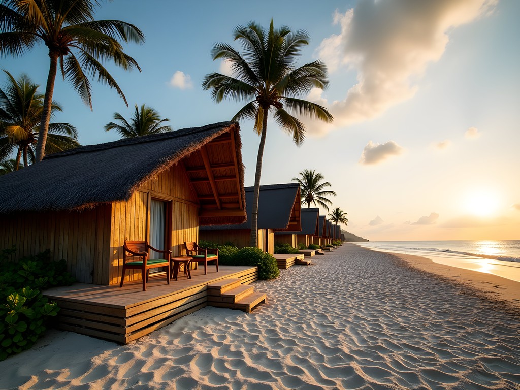 Budget beachfront accommodations in Tofo at sunset with palm trees
