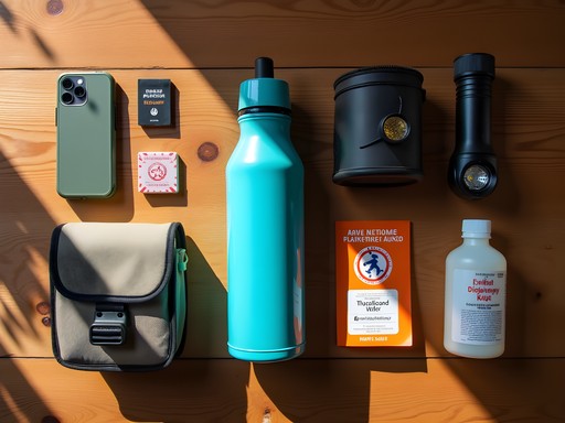Essential budget travel items for Tofo including water purifier, local SIM card, and portable clothesline