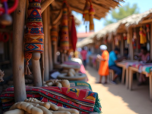 Colorful display of handmade crafts and textiles at Tofo artisan market