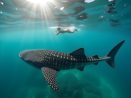 Snorkeler swimming near massive whale shark in clear blue waters off Tofo Beach