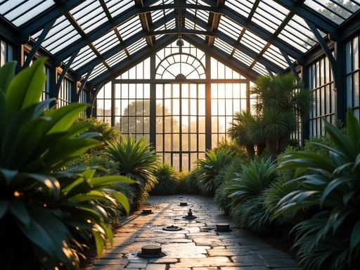 Victorian glass dome of Allan Gardens Conservatory with lush tropical plants in Toronto