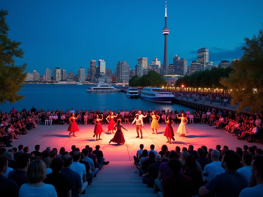 Outdoor dance performance at Toronto's Harbourfront Centre with Lake Ontario in background