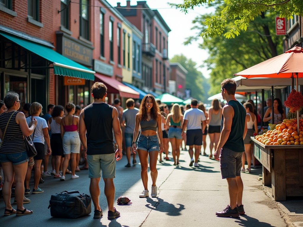 Street performers entertaining crowd in colorful Kensington Market, Toronto