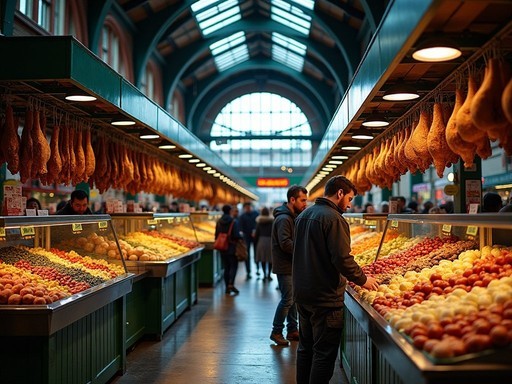 Colorful food stalls and vendors at historic St. Lawrence Market in Toronto