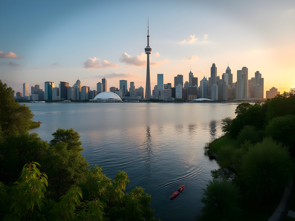 Toronto skyline view from the Toronto Islands with lush greenery in foreground