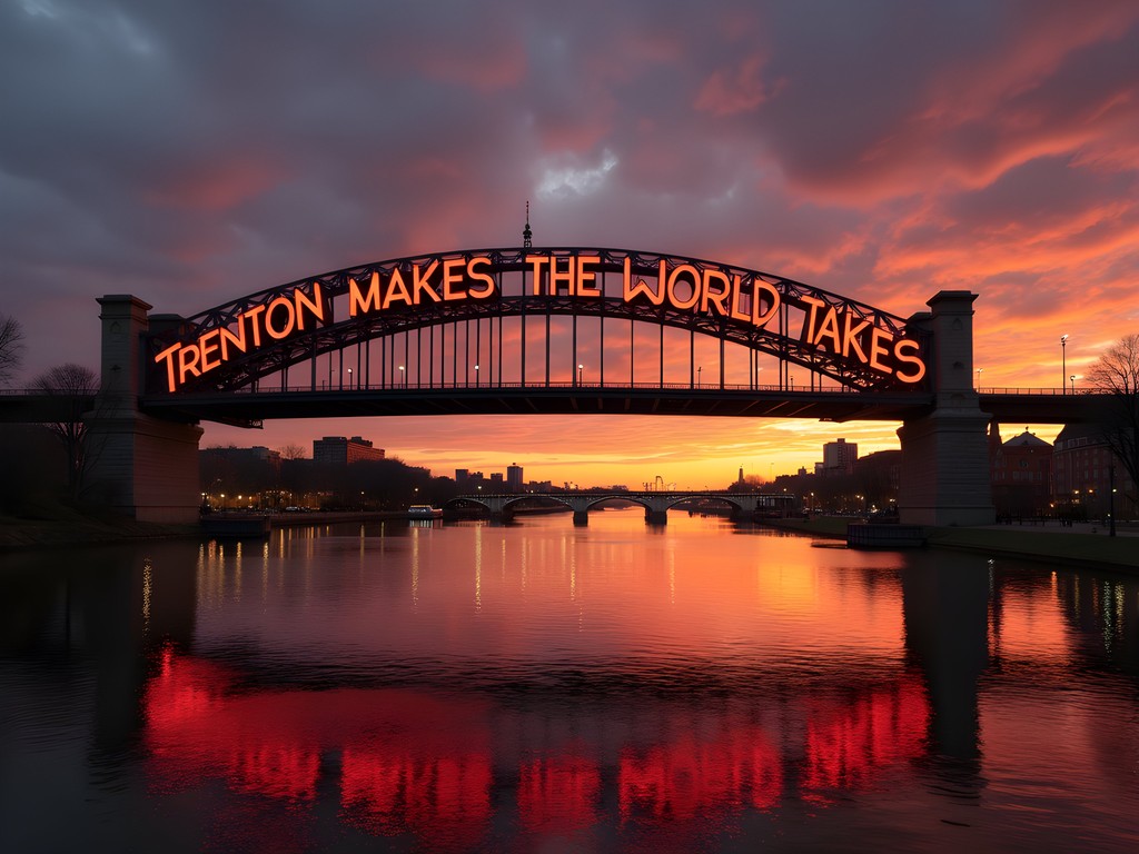 Sunset view of the illuminated 'Trenton Makes, The World Takes' bridge