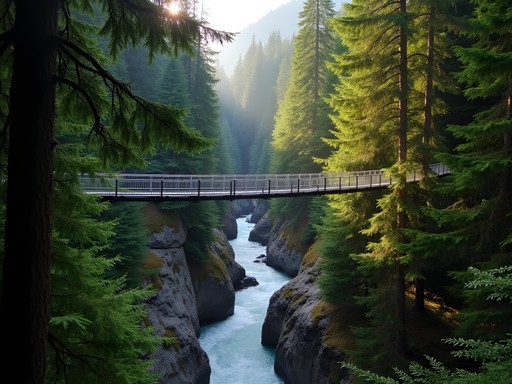 Lynn Canyon Suspension Bridge with hiker crossing above forest gorge