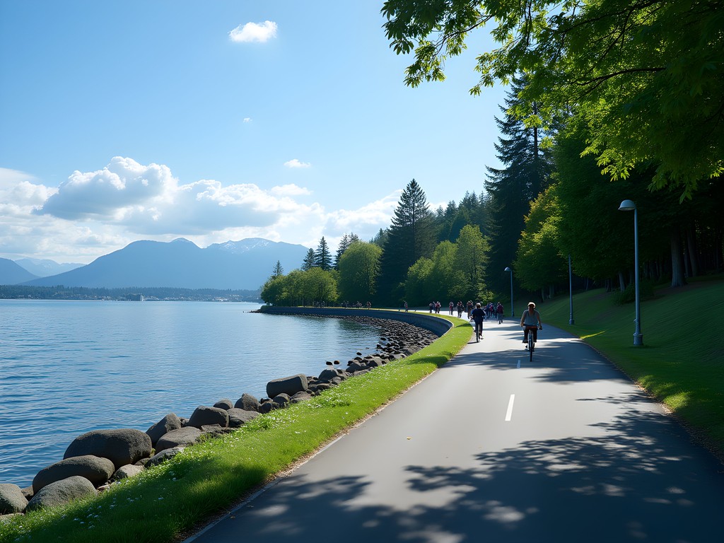 Cycling along Vancouver's Stanley Park Seawall with mountain and ocean views