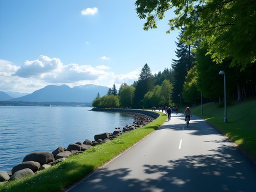 Cycling along Vancouver's Stanley Park Seawall with mountain and ocean views