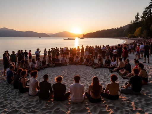 Sunset drum circle gathering at Third Beach in Vancouver's Stanley Park