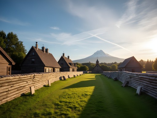 Reconstructed wooden buildings at Fort Vancouver National Historic Site with Mount Hood in the distance