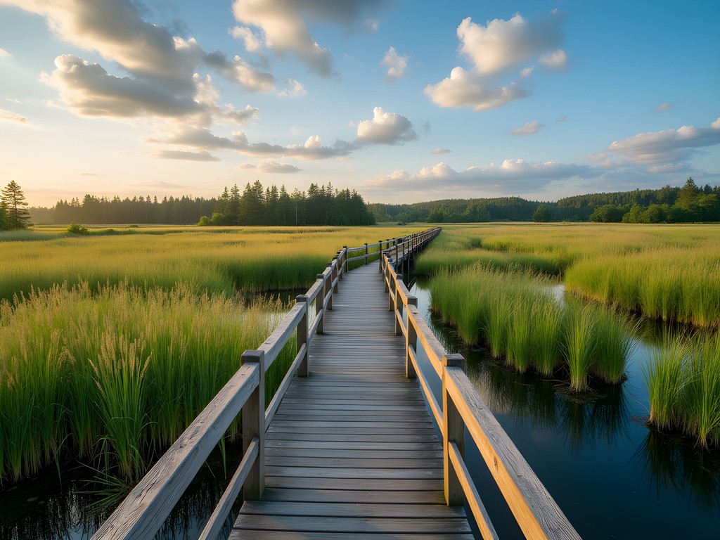 Wooden boardwalk through marshlands at Ridgefield National Wildlife Refuge, Vancouver, Washington