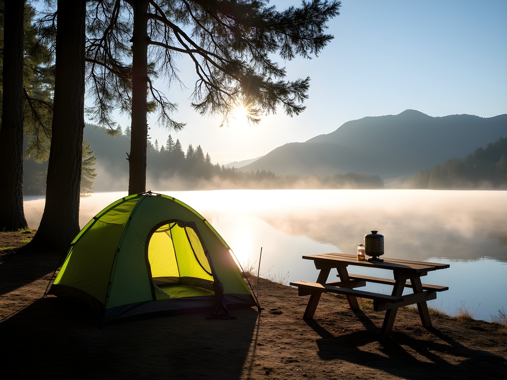Morning mist over campsite at Vancouver Lake Regional Park with tent and camping gear