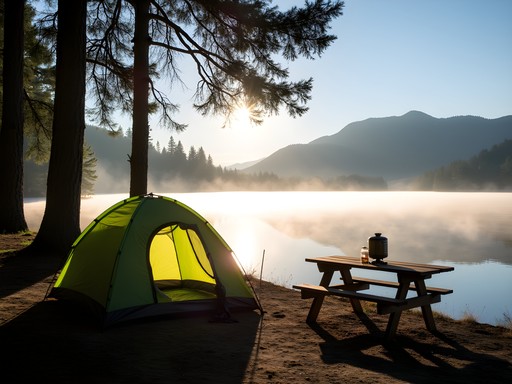 Morning mist over campsite at Vancouver Lake Regional Park with tent and camping gear