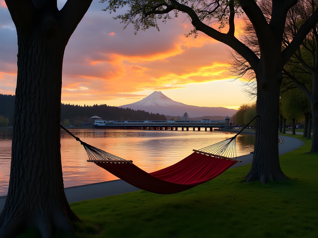 Person relaxing in hammock at Vancouver Waterfront Park during sunset over the Columbia River