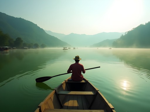 Traditional boat journey across Kaptai Lake in Rangamati, Bangladesh
