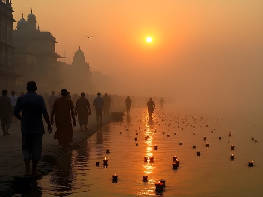 Morning rituals on the Ganges River in Varanasi at sunrise