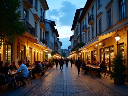 Well-lit pedestrian street in Varna during evening with people dining and walking