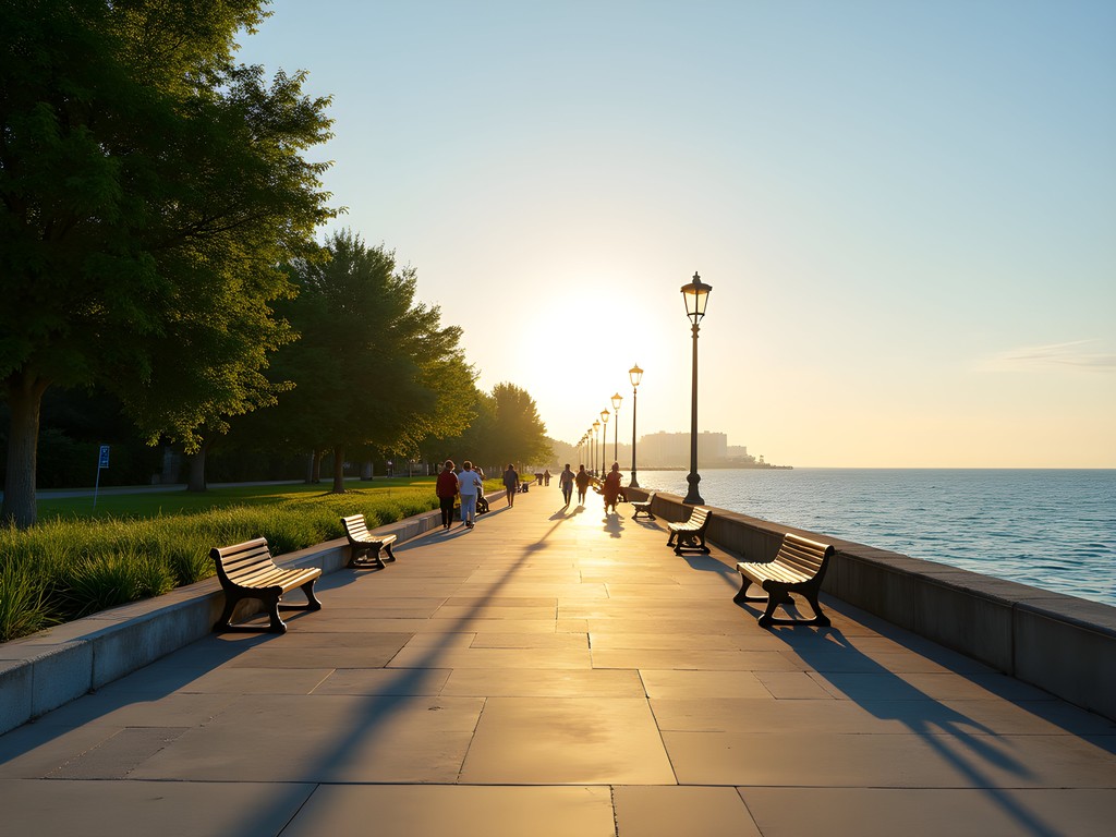 Woman walking along Varna's Sea Garden promenade with the Black Sea in background