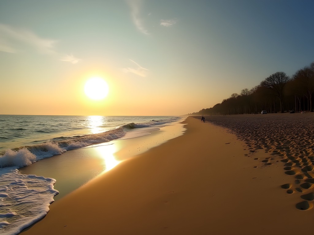 Early morning on Varna's South Beach with few people and golden light