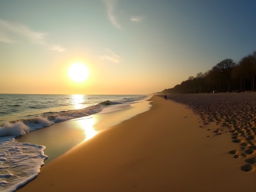 Early morning on Varna's South Beach with few people and golden light