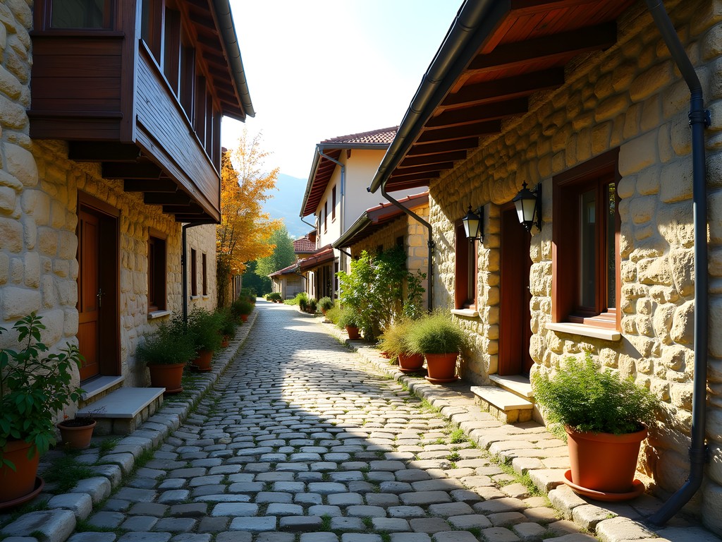 Cobblestone street in historic Arbanasi village near Veliko Tarnovo