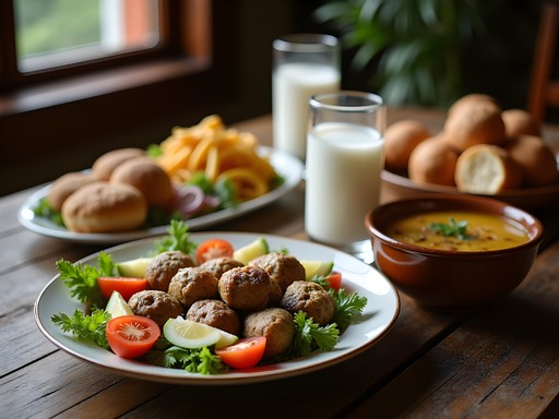 Affordable traditional Bulgarian food spread on wooden table