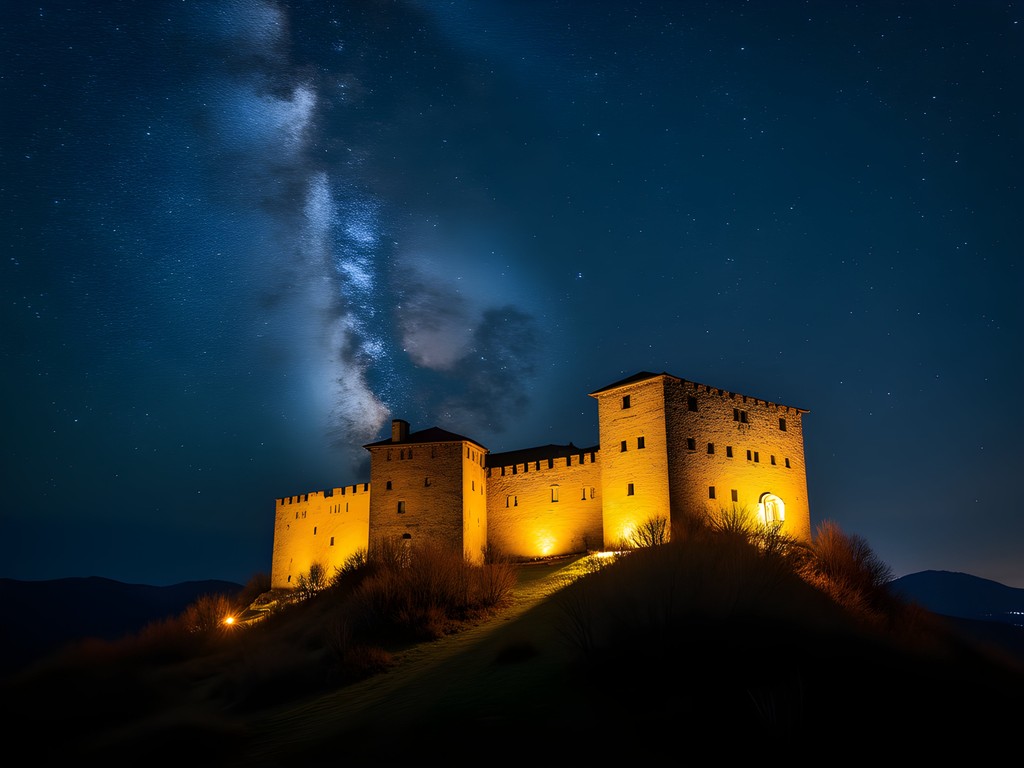 Starry night sky over Veliko Tarnovo fortress illuminated at night