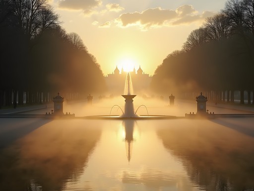 Early morning mist rising from Grand Canal at Versailles with few visitors