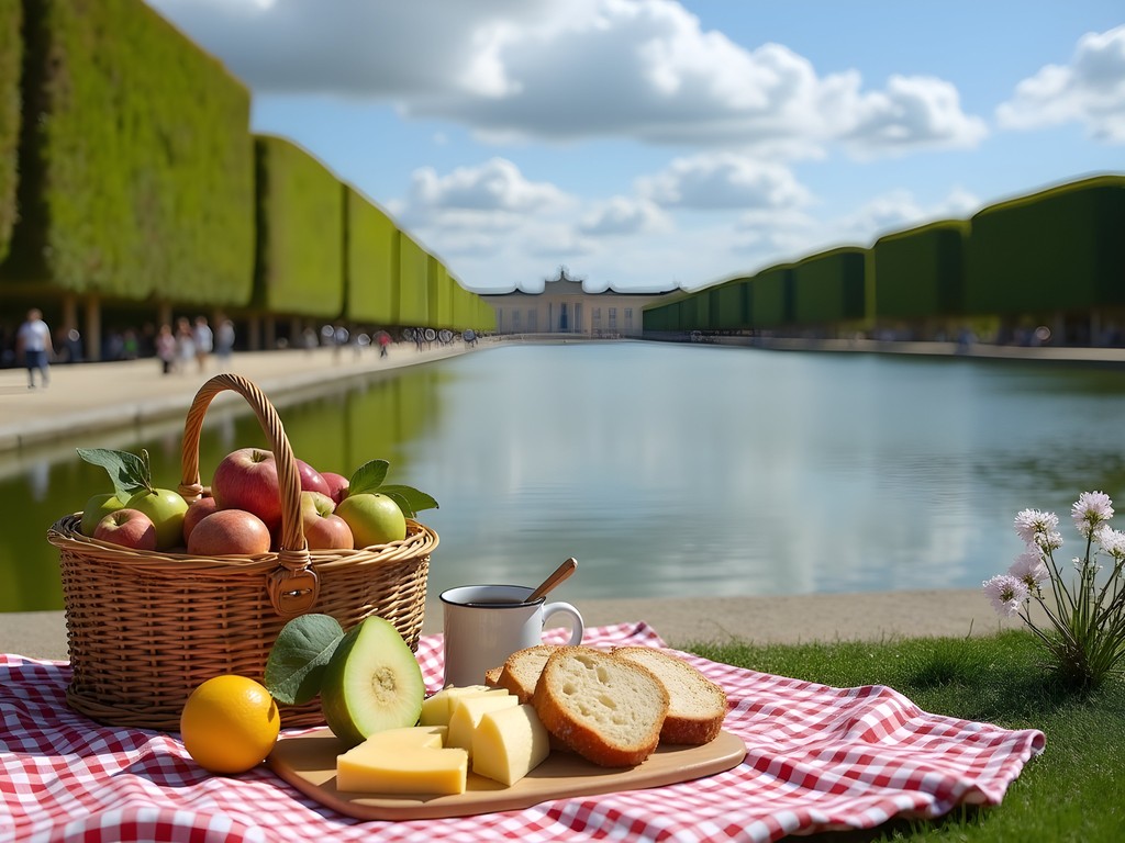 Picnic setup by Versailles Grand Canal with palace view in background