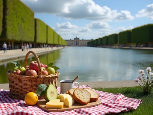 Picnic setup by Versailles Grand Canal with palace view in background