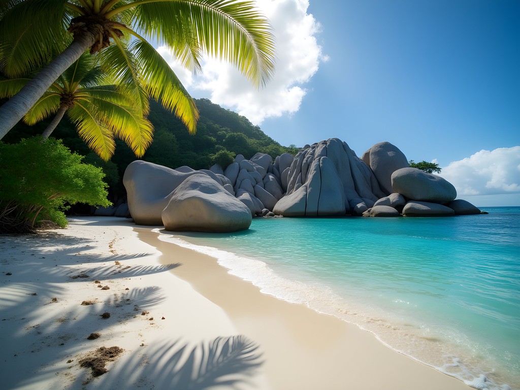 Secluded Anse Major beach with dramatic granite boulders and turquoise water